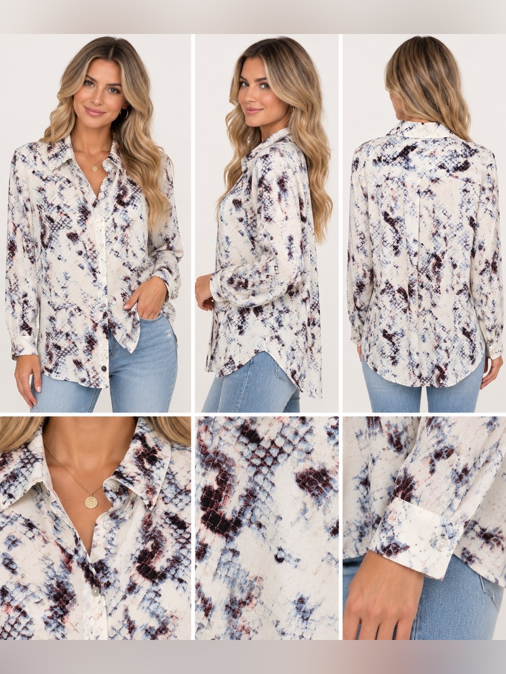 Rose + Olive Women's Button Down Shirt Snake Print Long Sleeve Blouse Top size L